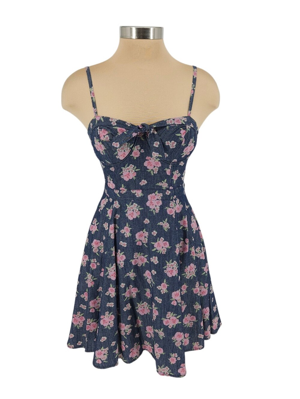 Jessica Simpson Retro Fit Flare Dress Blue Floral Sleeveless Sweetheart Small